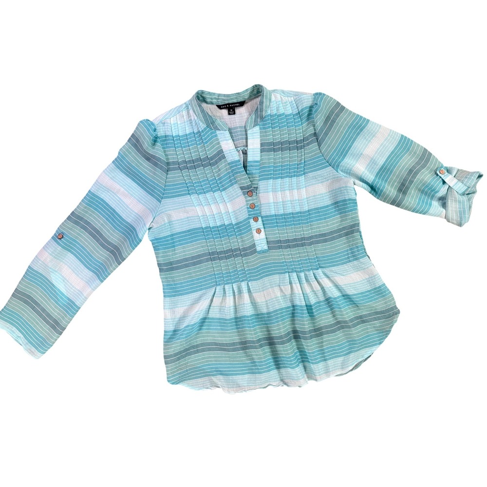 Zac & Rachel Striped Pintuck Tunic Blouse Medium Roll Tab Sleeve